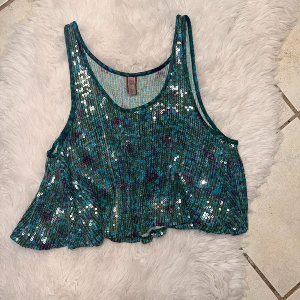 Free People Sequin Cropped Swing Tank Top – Teal Blue & Purple Dye M